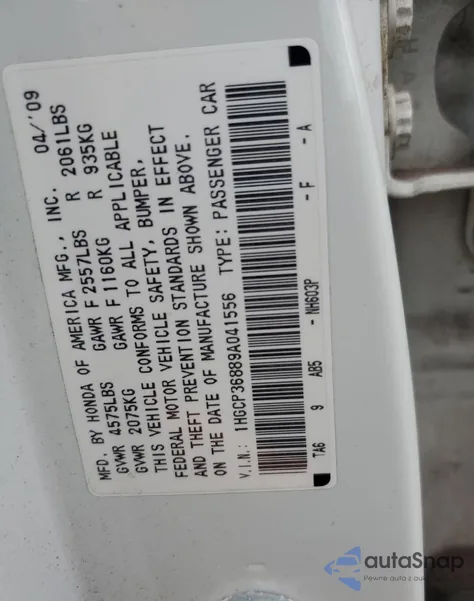 2009 Honda Accord Exl из США, поврежденный, VIN 1HGCP36889A041556